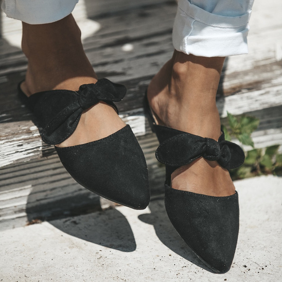 Shoes - Black Suede Bow Slide Flats